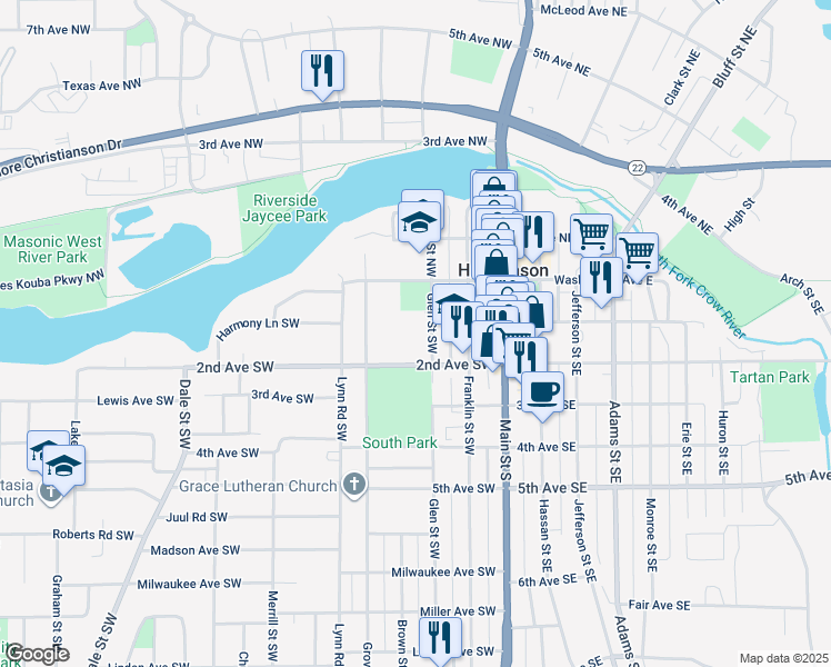 map of restaurants, bars, coffee shops, grocery stores, and more near 100 Glen Street Northwest in Hutchinson
