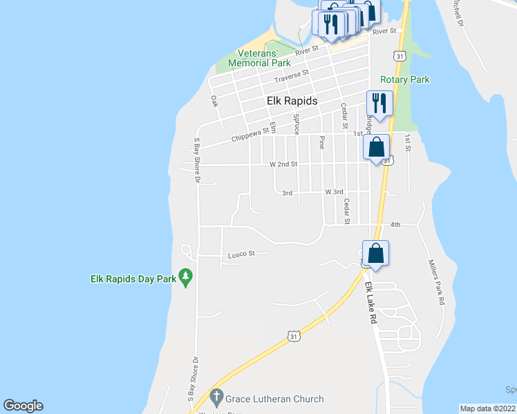 map of restaurants, bars, coffee shops, grocery stores, and more near 715 Ash Street in Elk Rapids