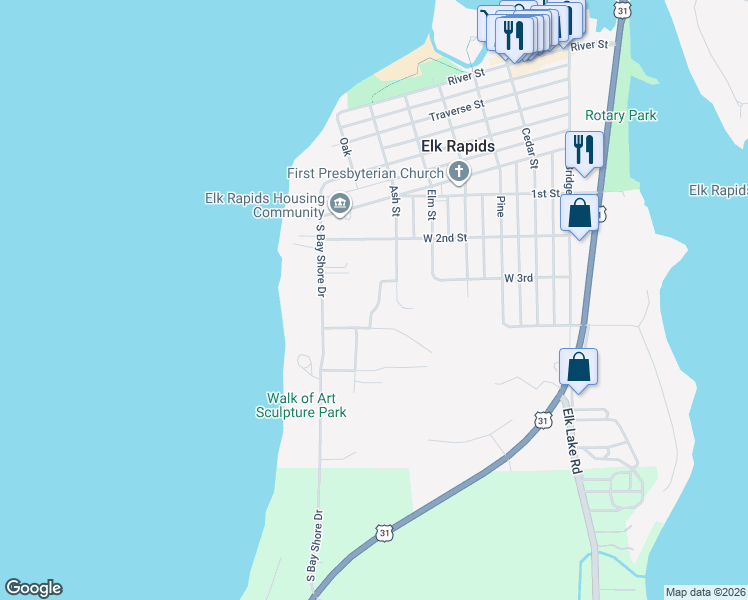 map of restaurants, bars, coffee shops, grocery stores, and more near 705 West 4th Street in Elk Rapids