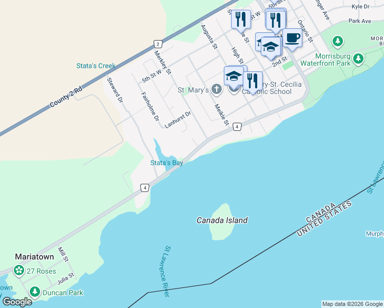 map of restaurants, bars, coffee shops, grocery stores, and more near Lakeshore Drive in Morrisburg