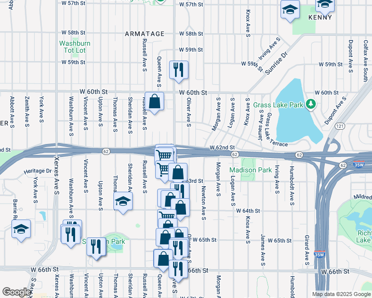 map of restaurants, bars, coffee shops, grocery stores, and more near 6142 Oliver Avenue South in Minneapolis