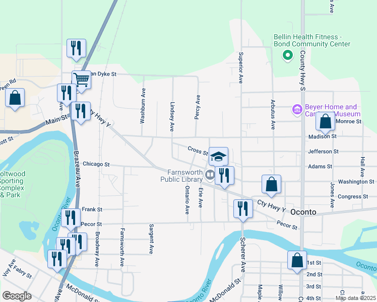 map of restaurants, bars, coffee shops, grocery stores, and more near 133 School Street in Oconto