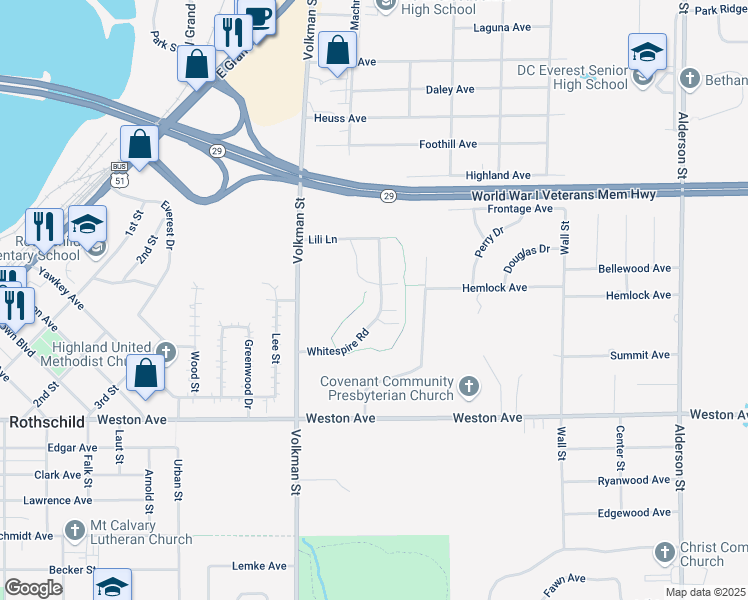 map of restaurants, bars, coffee shops, grocery stores, and more near 7345 Whitespire Road in Schofield