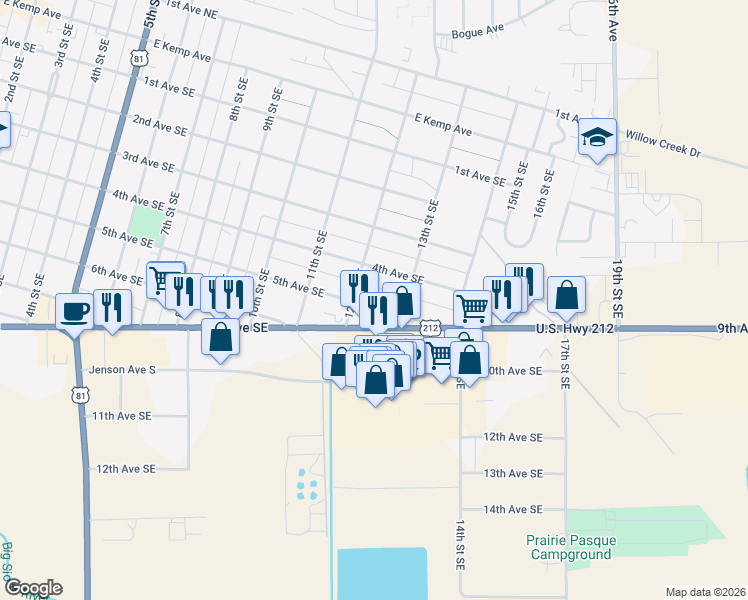 map of restaurants, bars, coffee shops, grocery stores, and more near 1200-1298 5th Avenue Southeast in Watertown