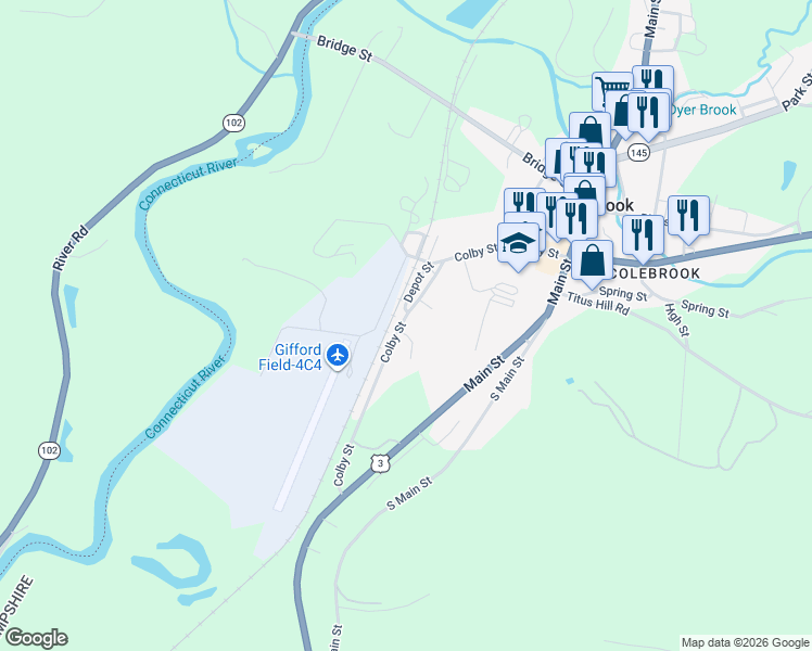map of restaurants, bars, coffee shops, grocery stores, and more near 93 Colby Street in Colebrook