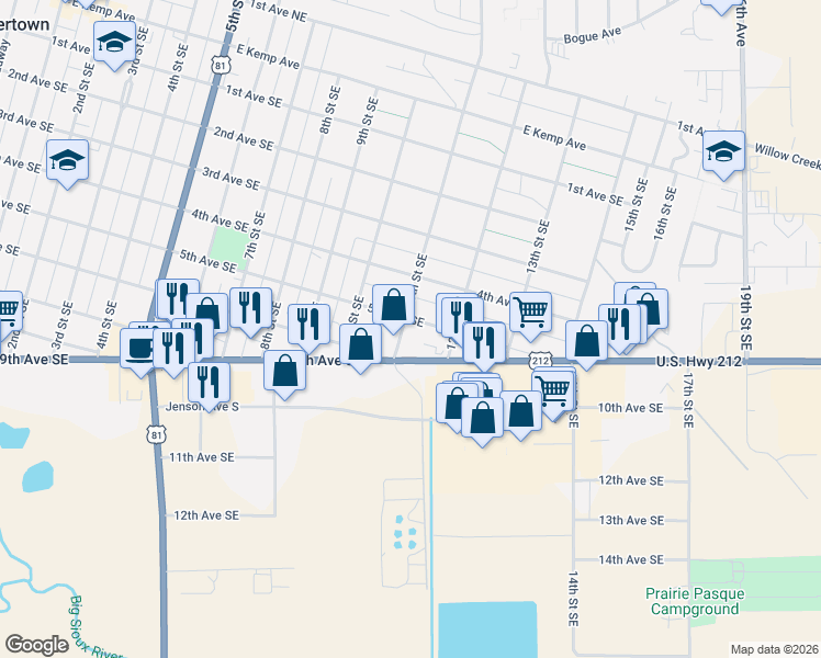 map of restaurants, bars, coffee shops, grocery stores, and more near 500-598 11th Street Southeast in Watertown