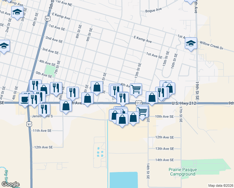 map of restaurants, bars, coffee shops, grocery stores, and more near 1200-1298 5th Avenue Southeast in Watertown