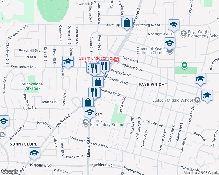 map of restaurants, bars, coffee shops, grocery stores, and more near 155 Hrubetz Road Southeast in Salem