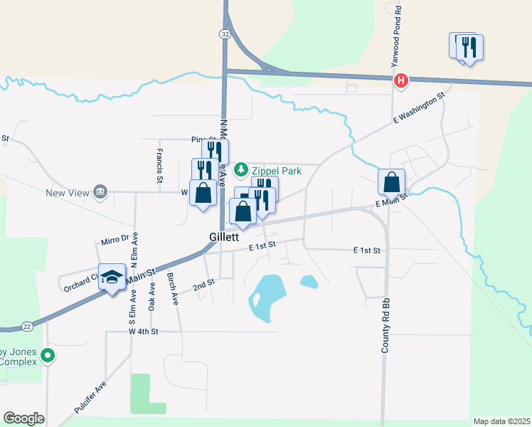 map of restaurants, bars, coffee shops, grocery stores, and more near 134 East Main Street in Gillett