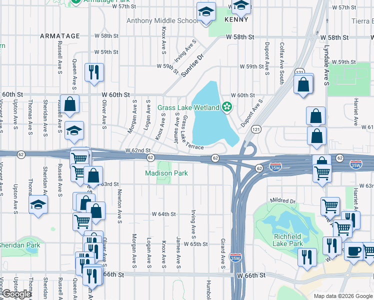 map of restaurants, bars, coffee shops, grocery stores, and more near 6214 Irving Avenue South in Minneapolis