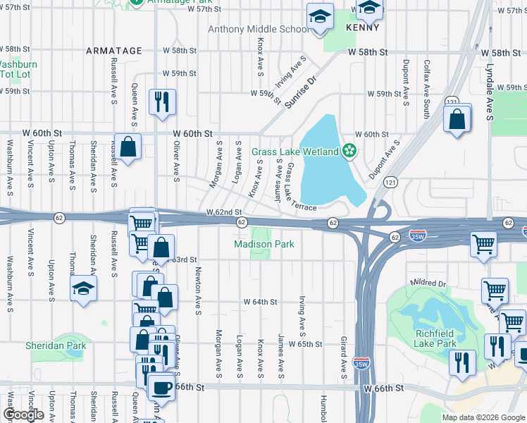 map of restaurants, bars, coffee shops, grocery stores, and more near 6208 James Avenue South in Minneapolis
