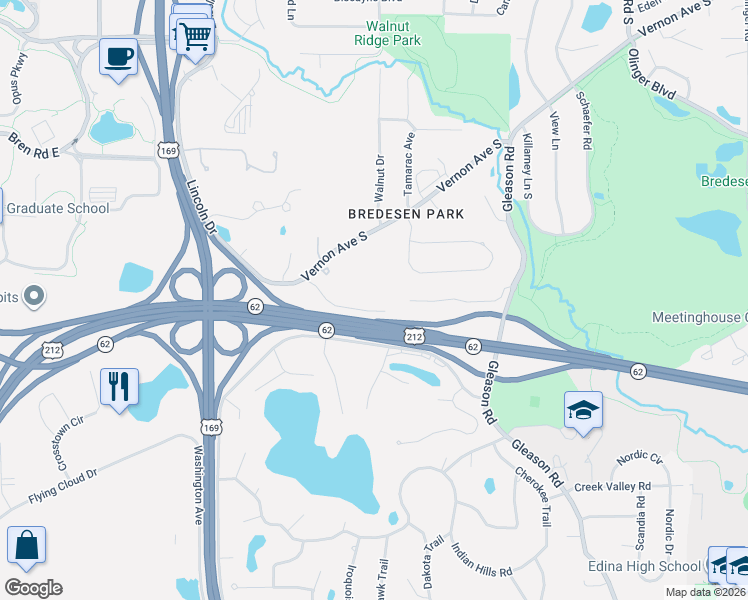 map of restaurants, bars, coffee shops, grocery stores, and more near 6580 Vernon Hills Road in Minneapolis