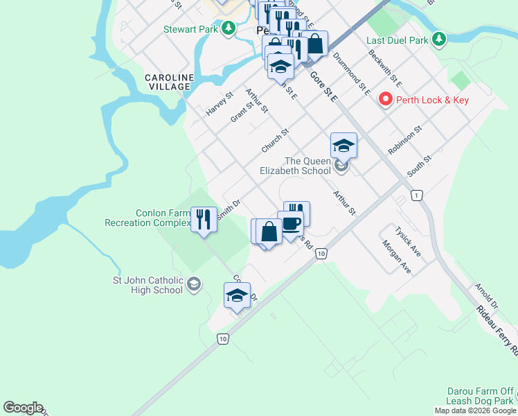 map of restaurants, bars, coffee shops, grocery stores, and more near 1847 Rogers Road in Perth