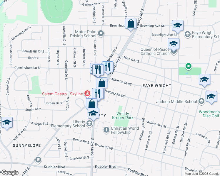 map of restaurants, bars, coffee shops, grocery stores, and more near 113-137 Hrubetz Road Southeast in Salem