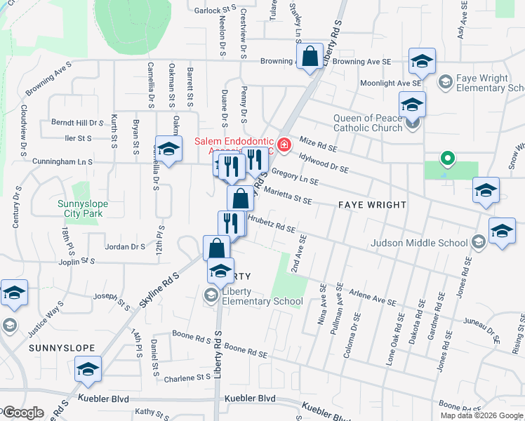 map of restaurants, bars, coffee shops, grocery stores, and more near 123 Hrubetz Road Southeast in Salem