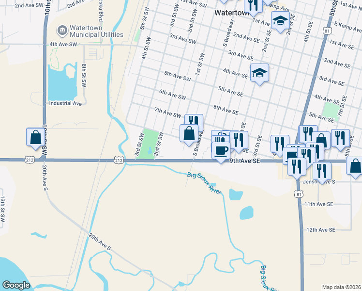 map of restaurants, bars, coffee shops, grocery stores, and more near 867-899 South Broadway in Watertown