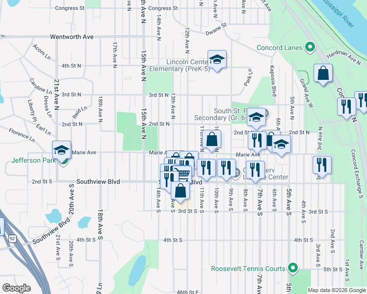 map of restaurants, bars, coffee shops, grocery stores, and more near 111 12th Avenue North in South St. Paul