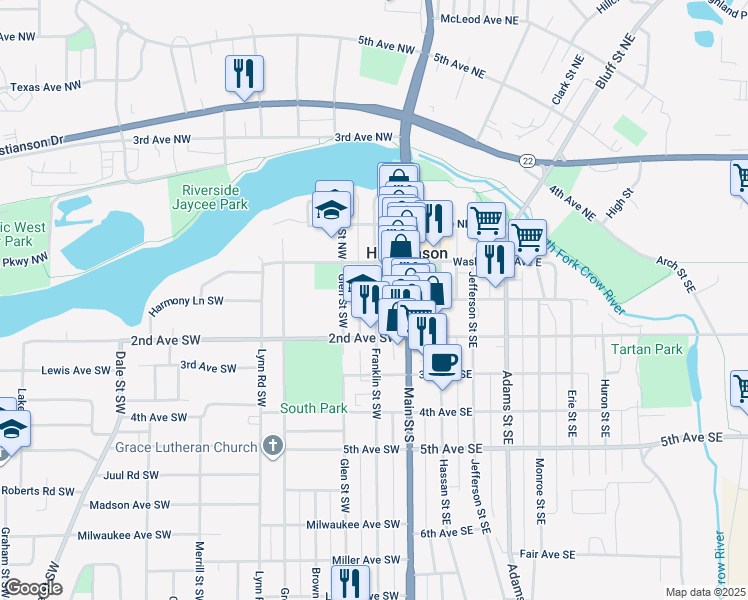 map of restaurants, bars, coffee shops, grocery stores, and more near 107 1st Avenue Southwest in Hutchinson