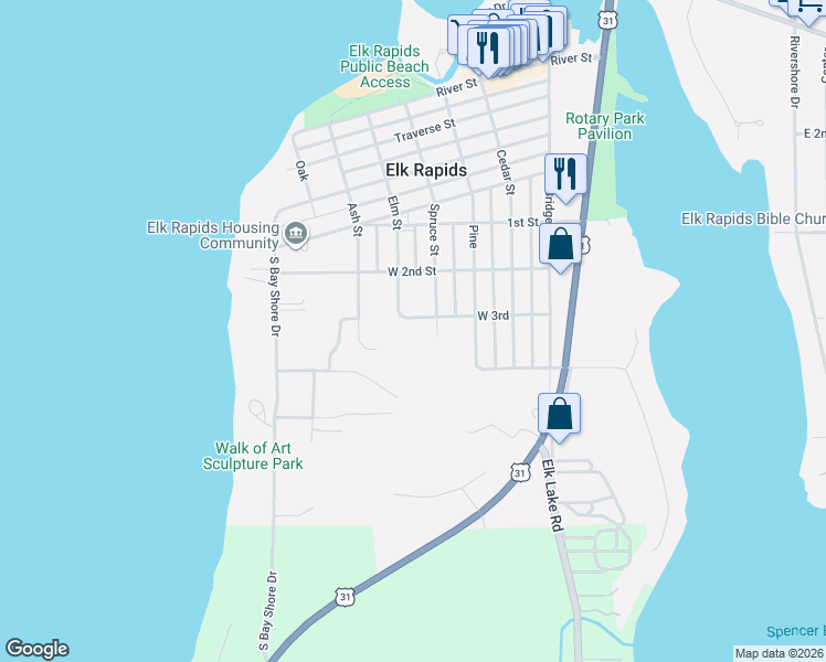 map of restaurants, bars, coffee shops, grocery stores, and more near 715 Ash Street in Elk Rapids