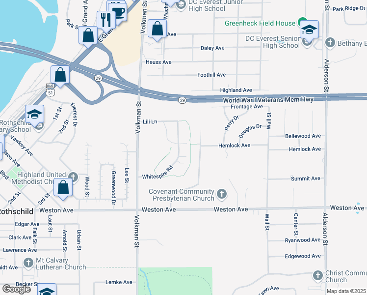 map of restaurants, bars, coffee shops, grocery stores, and more near 7305 Whitespire Road in Schofield