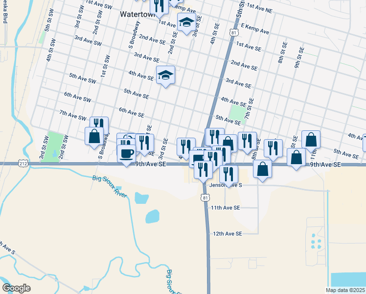 map of restaurants, bars, coffee shops, grocery stores, and more near 701 4th Street Southeast in Watertown