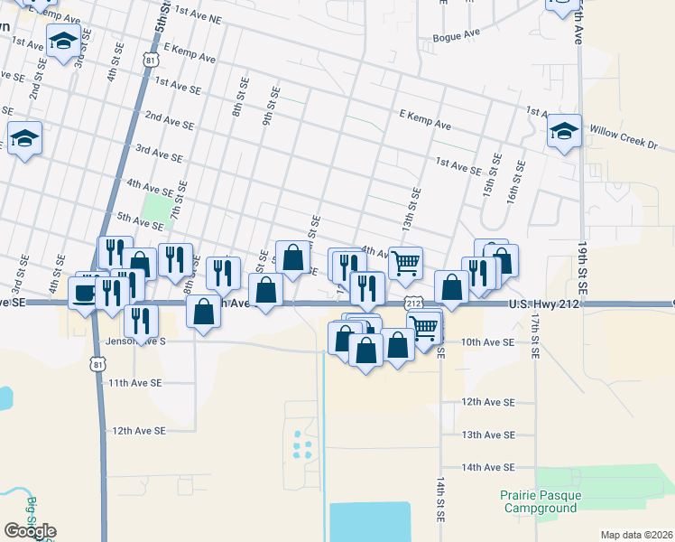 map of restaurants, bars, coffee shops, grocery stores, and more near 501-599 12th Street Southeast in Watertown
