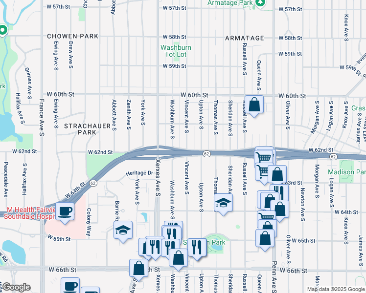 map of restaurants, bars, coffee shops, grocery stores, and more near 6205 Vincent Avenue South in Minneapolis