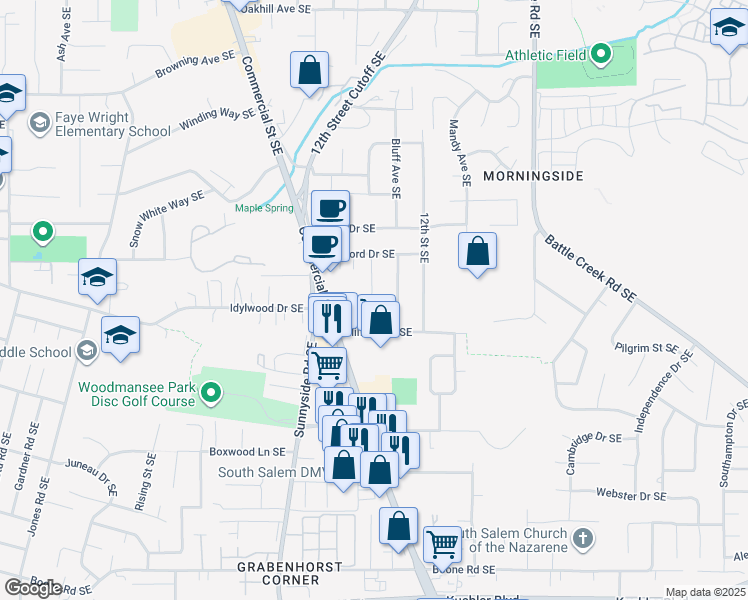 map of restaurants, bars, coffee shops, grocery stores, and more near 1055 Hilfiker Lane Southeast in Salem