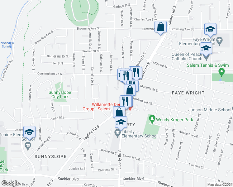 map of restaurants, bars, coffee shops, grocery stores, and more near 4735 Liberty Road South in Salem