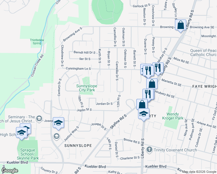 map of restaurants, bars, coffee shops, grocery stores, and more near 4565 Redinger Court South in Salem