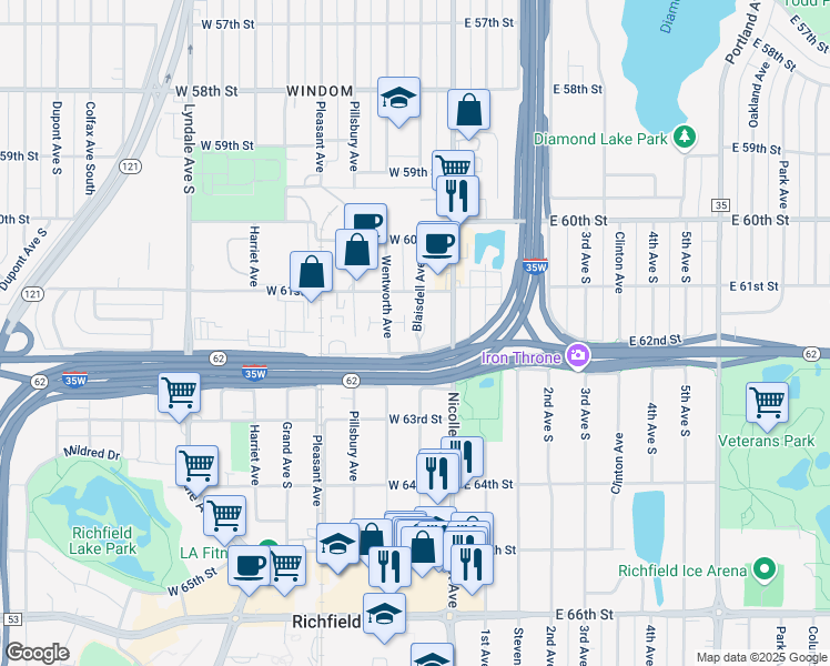 map of restaurants, bars, coffee shops, grocery stores, and more near 16 62nd Way Northeast in Minneapolis