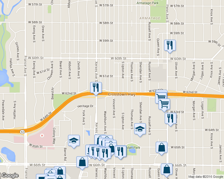 map of restaurants, bars, coffee shops, grocery stores, and more near 6205 Vincent Avenue South in Minneapolis