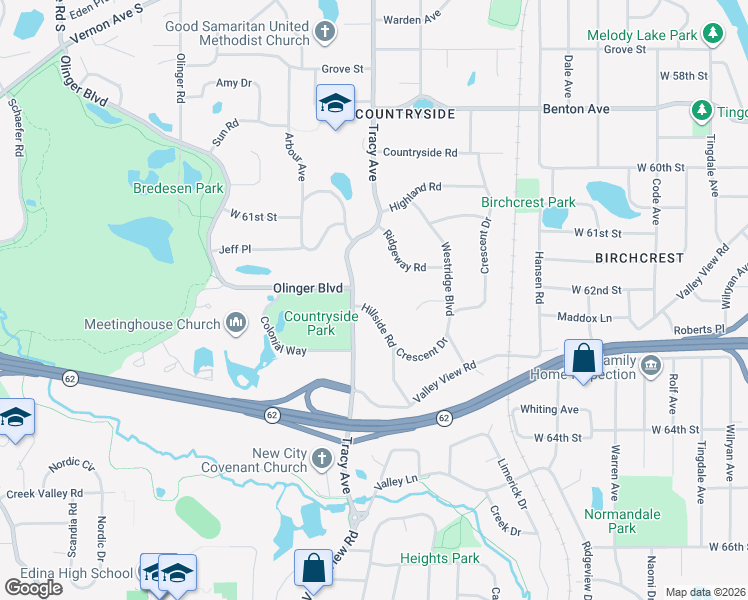 map of restaurants, bars, coffee shops, grocery stores, and more near 6213 Hillside Road in Minneapolis
