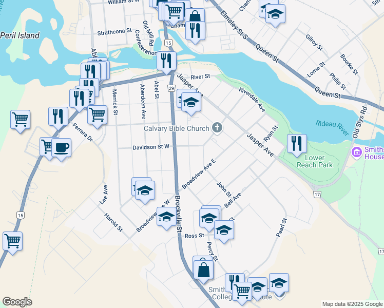 map of restaurants, bars, coffee shops, grocery stores, and more near 25 Catherine Street in Smiths Falls