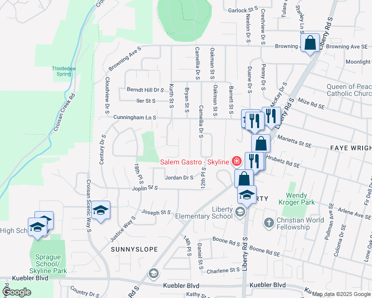 map of restaurants, bars, coffee shops, grocery stores, and more near 4565 Redinger Court South in Salem