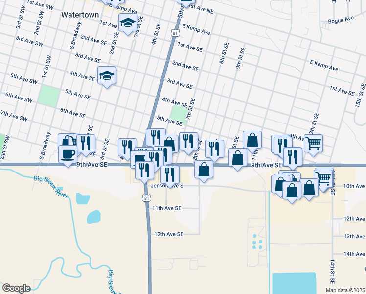 map of restaurants, bars, coffee shops, grocery stores, and more near 601-699 8th St SE in Watertown