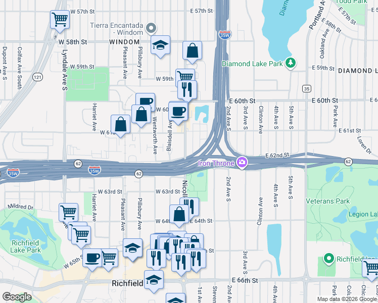 map of restaurants, bars, coffee shops, grocery stores, and more near 6141 Nicollet Avenue in Minneapolis