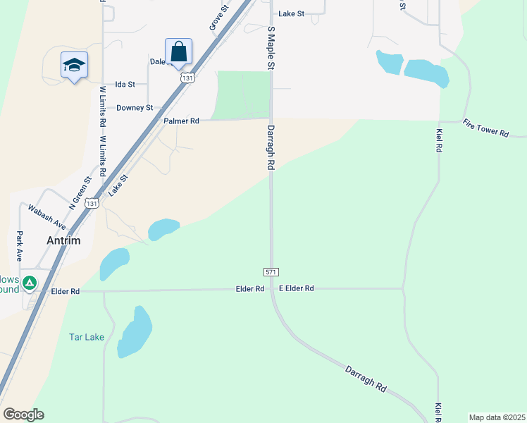 map of restaurants, bars, coffee shops, grocery stores, and more near 9814 County Highway 571 in Mancelona