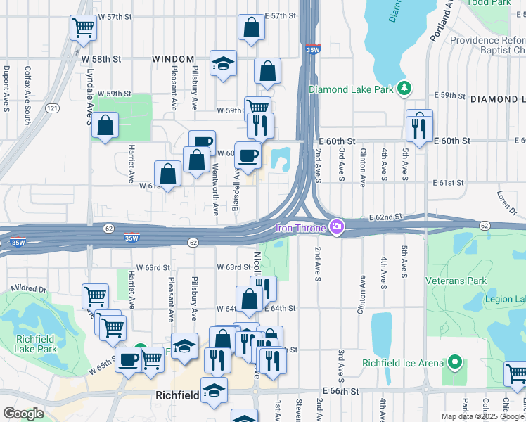 map of restaurants, bars, coffee shops, grocery stores, and more near 6113 Nicollet Avenue in Minneapolis