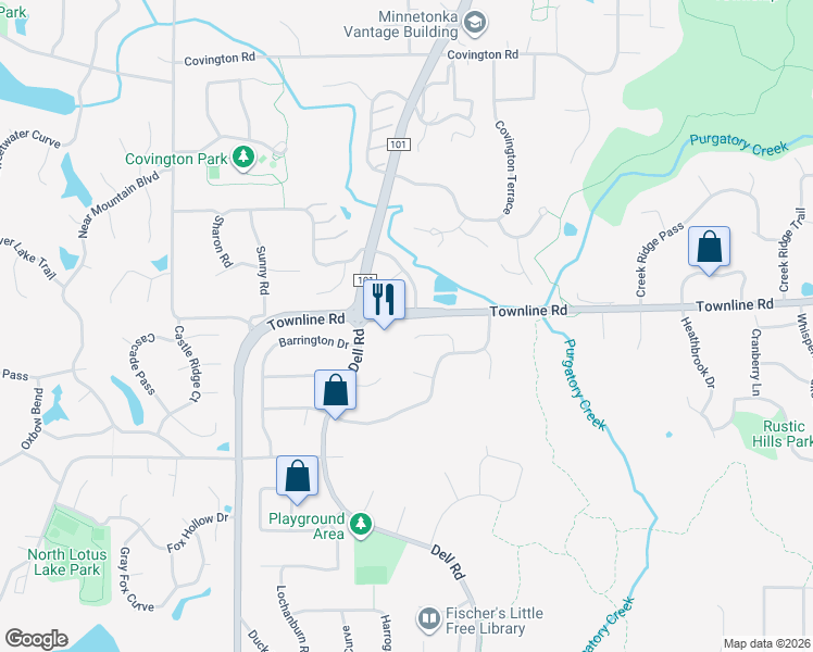 map of restaurants, bars, coffee shops, grocery stores, and more near 6151 Creek View Ridge in Minnetonka