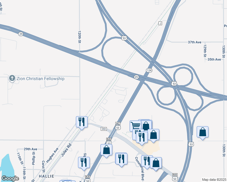 map of restaurants, bars, coffee shops, grocery stores, and more near Chippewa River State Trail in Chippewa Falls