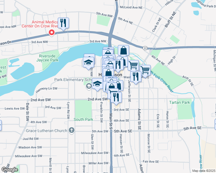 map of restaurants, bars, coffee shops, grocery stores, and more near in Hutchinson