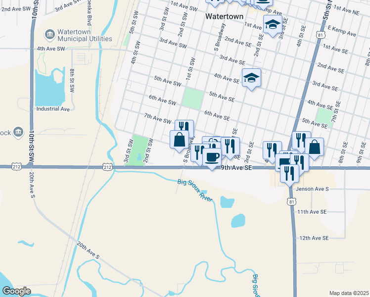 map of restaurants, bars, coffee shops, grocery stores, and more near 21 8th Avenue Southwest in Watertown