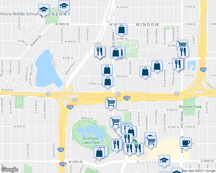 map of restaurants, bars, coffee shops, grocery stores, and more near 721 West 61st Street in Minneapolis
