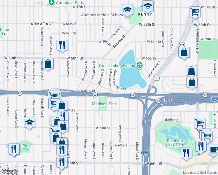 map of restaurants, bars, coffee shops, grocery stores, and more near 6060 James Avenue South in Minneapolis