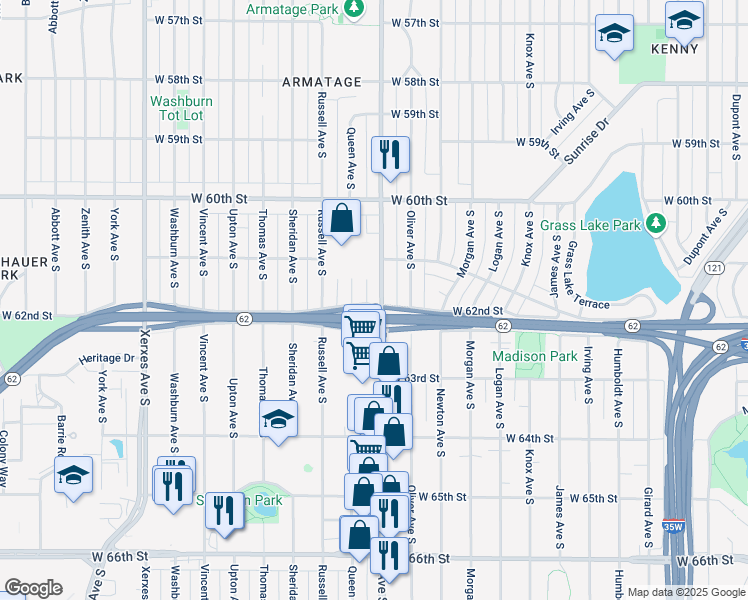 map of restaurants, bars, coffee shops, grocery stores, and more near 6116 Penn Avenue South in Minneapolis