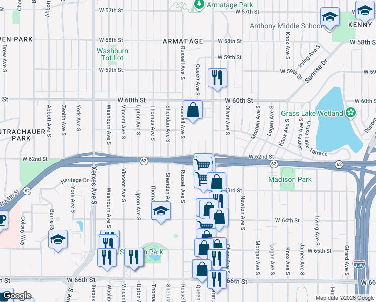 map of restaurants, bars, coffee shops, grocery stores, and more near 6116 Queen Avenue South in Minneapolis