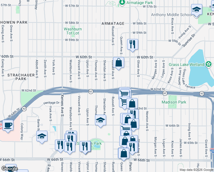 map of restaurants, bars, coffee shops, grocery stores, and more near 6113 Sheridan Avenue South in Minneapolis