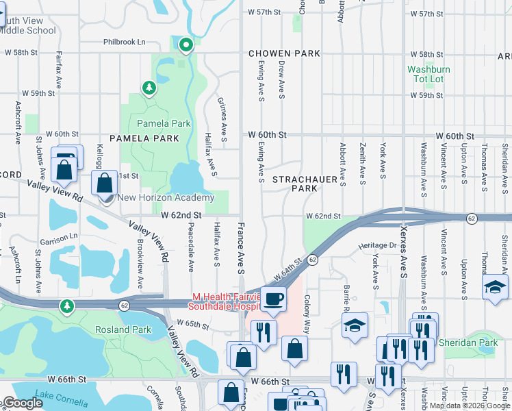map of restaurants, bars, coffee shops, grocery stores, and more near 6113 France Avenue South in Edina