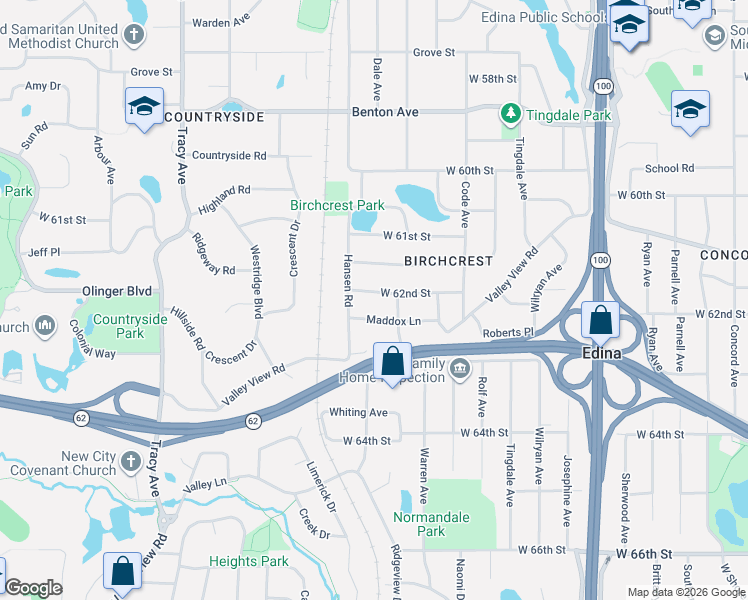 map of restaurants, bars, coffee shops, grocery stores, and more near 5321 Birchcrest Drive in Minneapolis